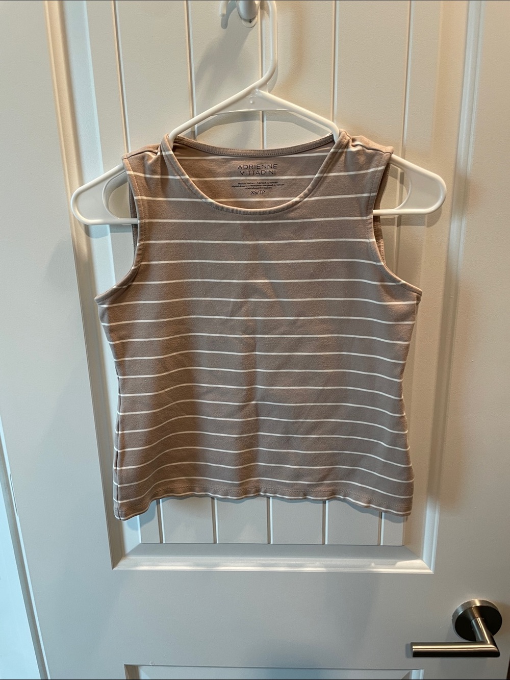 Adrienne Vittadini Taupe and White Striped Sleeveless Tank